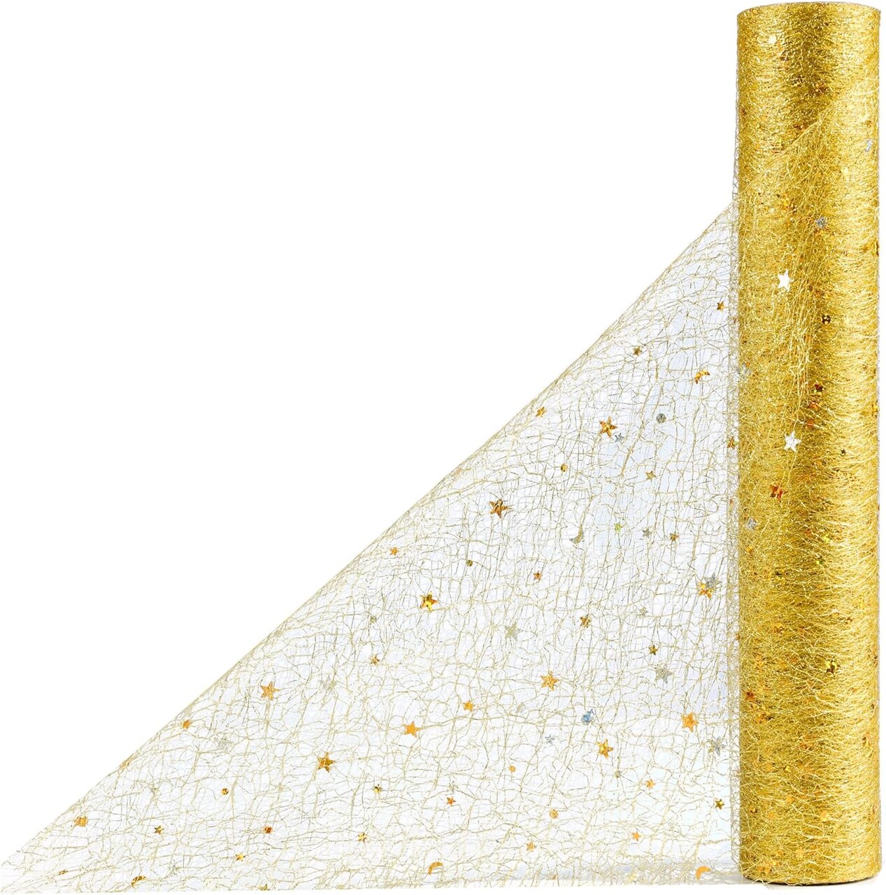Gold Starry Moon Table Runner, 11 × 33 ft Glitter Sequin Mesh with Stars and Moons for Wedding, Valentine’s Day, Bridal Shower, Baby Shower, Birthday Party, and Table Decorations